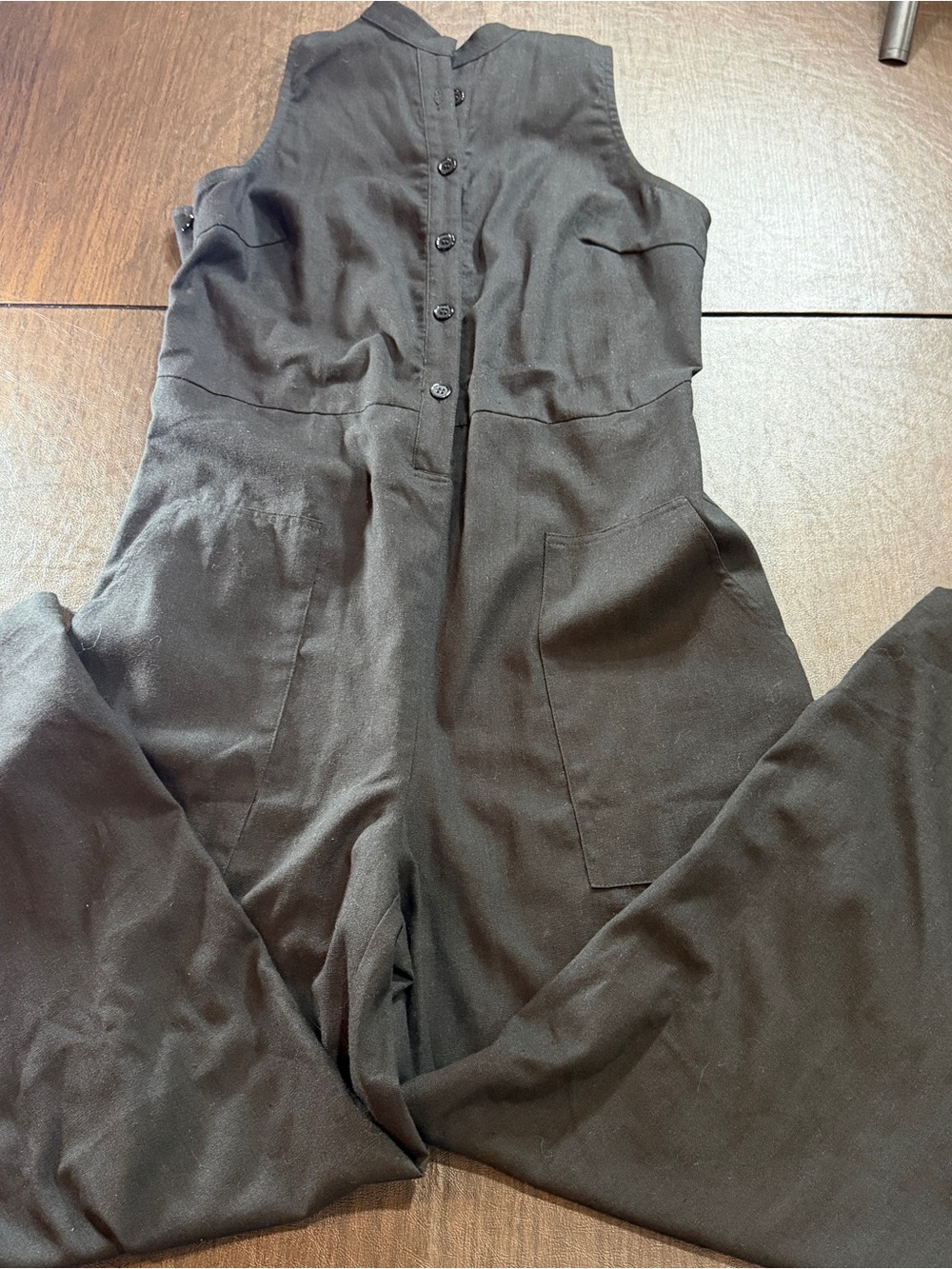Women's Black Cotton Linen Sleeveless Collared Jumpsuit With Cargo Pockets Sz L - Picture 14 of 14